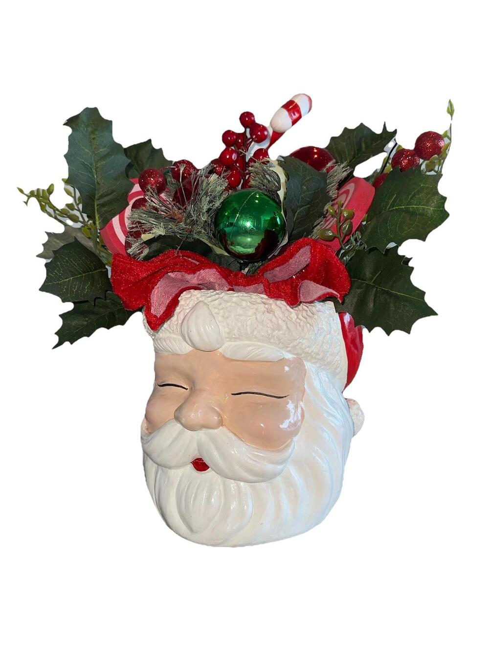Santa figural Face 12" Vase Planter Arrangement Candy Cane Kitschy vintage